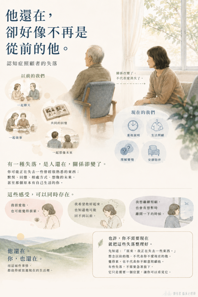 照顧者的模糊性失落衛教單張，呈現認知症造成的關係改變，以及照顧者同時存在的愛、疲憊與失落。